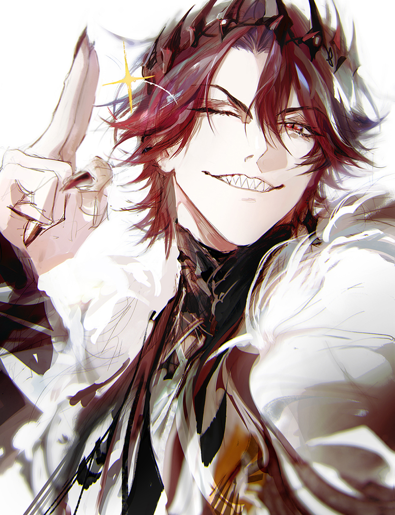 1boy black_shirt close-up crown fingernails frilled_sleeves frills fur-trimmed_jacket fur_trim haban_(haban35) hair_between_eyes holostars holostars_english jacket jurard_t_rexford one_eye_closed parted_bangs red_eyes red_nails redhead salute sharp_fingernails sharp_teeth shirt slit_pupils smile sparkle teeth two-finger_salute upper_body white_background