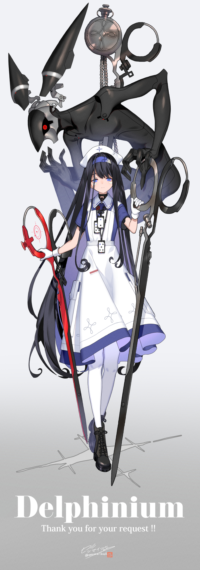 1girl 1other black_eyes black_footwear commission dual_wielding five_of_clubs full_body gloves hat highres holding holding_scissors lanyard long_hair nurse_cap original oversized_object scissors skeb_commission two_of_spades very_long_hair violet_eyes white_gloves zenmaibook