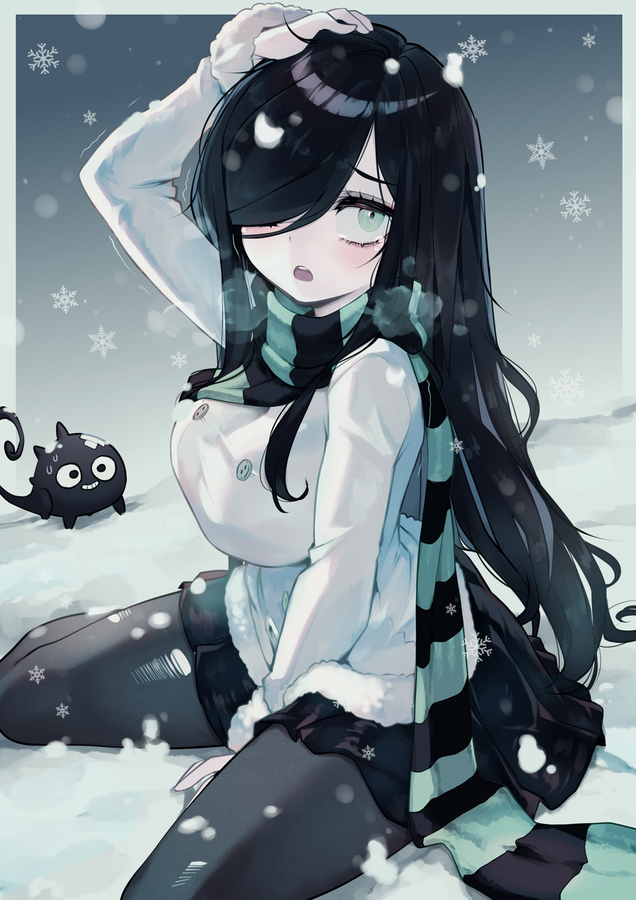 1girl aqua_eyes aria_wintermint black_hair black_pantyhose black_scarf black_skirt blush breasts breath coat fur-trimmed_coat fur-trimmed_jacket fur-trimmed_sleeves fur_trim gloves gothic green_scarf hair_over_one_eye highres jacket kneeling large_breasts long_hair looking_at_viewer monster multicolored_clothes multicolored_scarf original pantyhose parororo pleated_skirt scarf simple_background skirt snow snowflakes snowing striped striped_scarf white_gloves white_jacket