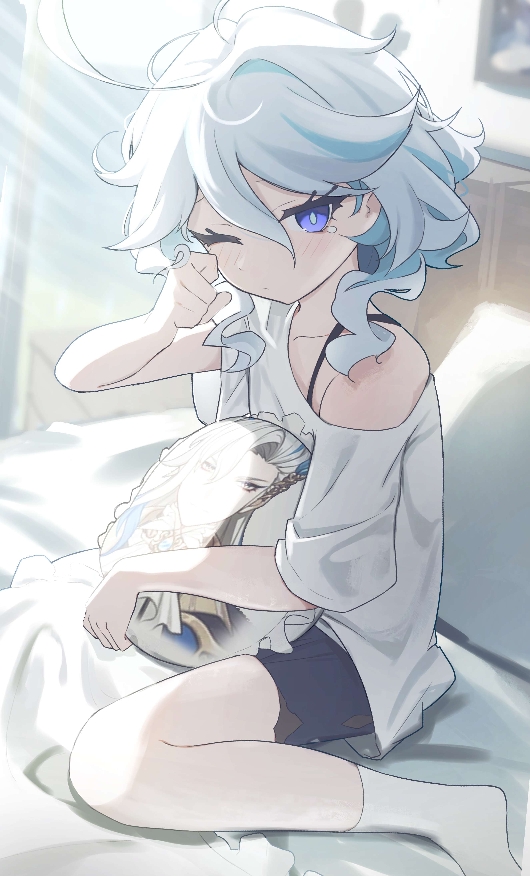 1girl ahoge bed blue_eyes blue_hair blue_shorts bright_pupils furina_(genshin_impact) genshin_impact indoors liyom looking_at_viewer messy_hair multicolored_hair neuvillette_(genshin_impact) off_shoulder on_bed one_eye_closed pillow rubbing_eyes shirt short_sleeves shorts sitting solo tears two-tone_hair white_hair white_pupils white_shirt window