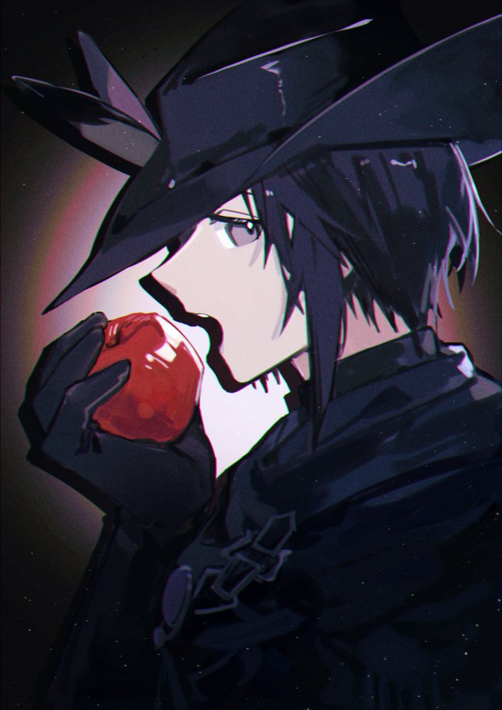 1girl androgynous apple black_background black_gloves black_hair black_headwear commentary drop_shadow eating elbow_gloves expressionless final_fantasy final_fantasy_xiv food from_side fruit gloves grey_eyes hat holding holding_food holding_fruit looking_at_viewer open_mouth portrait profile reaper_(final_fantasy) reverse_trap rirene_rn searchlight short_hair sideways_glance solo symbol-only_commentary tricorne zero_(ff14)