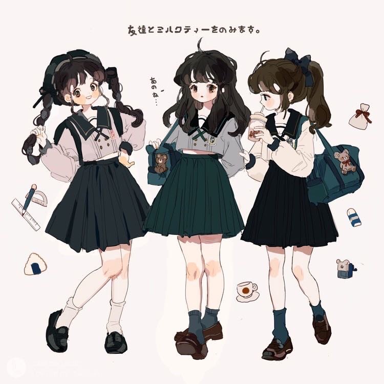 3girls ahoge aqua_bag aqua_necktie aqua_skirt aqua_socks badge bag black_footwear black_hair black_sailor_collar black_skirt blue_bow blue_eyes blush_stickers bow braid brown_hair buttons coffee collared_shirt commentary cup disposable_cup drinking drinking_straw english_commentary food full_body grey_hairband grey_shirt grey_skirt hair_bow hair_over_shoulder hairband hand_in_own_hair hand_on_own_hip holding holding_cup keychain loafers long_hair long_sleeves looking_at_another looking_at_viewer midriff_peek miniskirt multiple_girls necktie onigiri original pink_shirt plate pleated_skirt ponytail puffy_long_sleeves puffy_sleeves putong_xiao_gou sailor_collar school_bag school_uniform shirt shoes shoulder_bag skirt socks stuffed_animal stuffed_toy teacup teddy_bear translation_request twin_braids white_background white_shirt white_socks