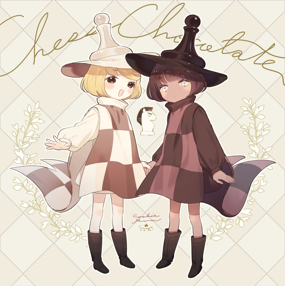 2others androgynous argyle argyle_background black_dress black_eyes black_footwear black_headwear black_sleeves blonde_hair blunt_bangs blush_stickers boots brown_hair brown_headwear character_name checkered_clothes checkered_dress chess_choco_cookie chess_piece closed_mouth conago cookie_run copyright_name dark-skinned_other dark_skin dress eyelashes fingernails flower hat holding_hands humanization light_frown long_sleeves looking_at_viewer multiple_others open_mouth pink_dress puffy_long_sleeves puffy_sleeves short_dress short_hair smile turtleneck_dress two-sided_fabric two-sided_headwear two-tone_dress white_background white_dress white_eyes white_flower white_headwear white_sleeves