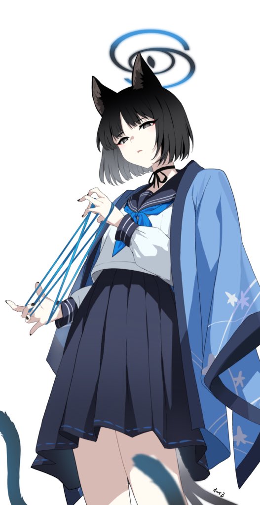 1girl animal_ear_fluff animal_ears black_eyes black_hair black_nails black_ribbon black_sailor_collar black_skirt blue_archive blue_halo blue_neckerchief blue_string blue_tail breasts cat's_cradle cat_ears cat_girl cat_tail commentary fingernails from_below halo haori japanese_clothes kikyou_(blue_archive) legs looking_at_viewer multiple_tails nail_polish neck_ribbon neckerchief open_mouth pleated_skirt ribbon sailor_collar school_uniform serafuku shirt short_hair signature simple_background skirt small_breasts solo standing swept_bangs symbol-only_commentary tail two_tails white_background white_shirt you_guo_chaocai