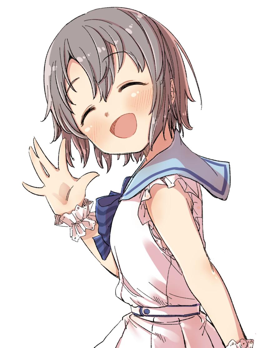 1girl :d ^_^ bare_shoulders blue_bow blue_sailor_collar blush bow closed_eyes dress facing_viewer from_side grey_hair hair_between_eyes hand_up idolmaster idolmaster_cinderella_girls idolmaster_cinderella_girls_starlight_stage otokura_yuuki parted_bangs pleated_dress sailor_collar sailor_dress simple_background sleeveless sleeveless_dress smile solo striped striped_bow white_background white_dress wrist_cuffs yukie_(kusaka_shi)