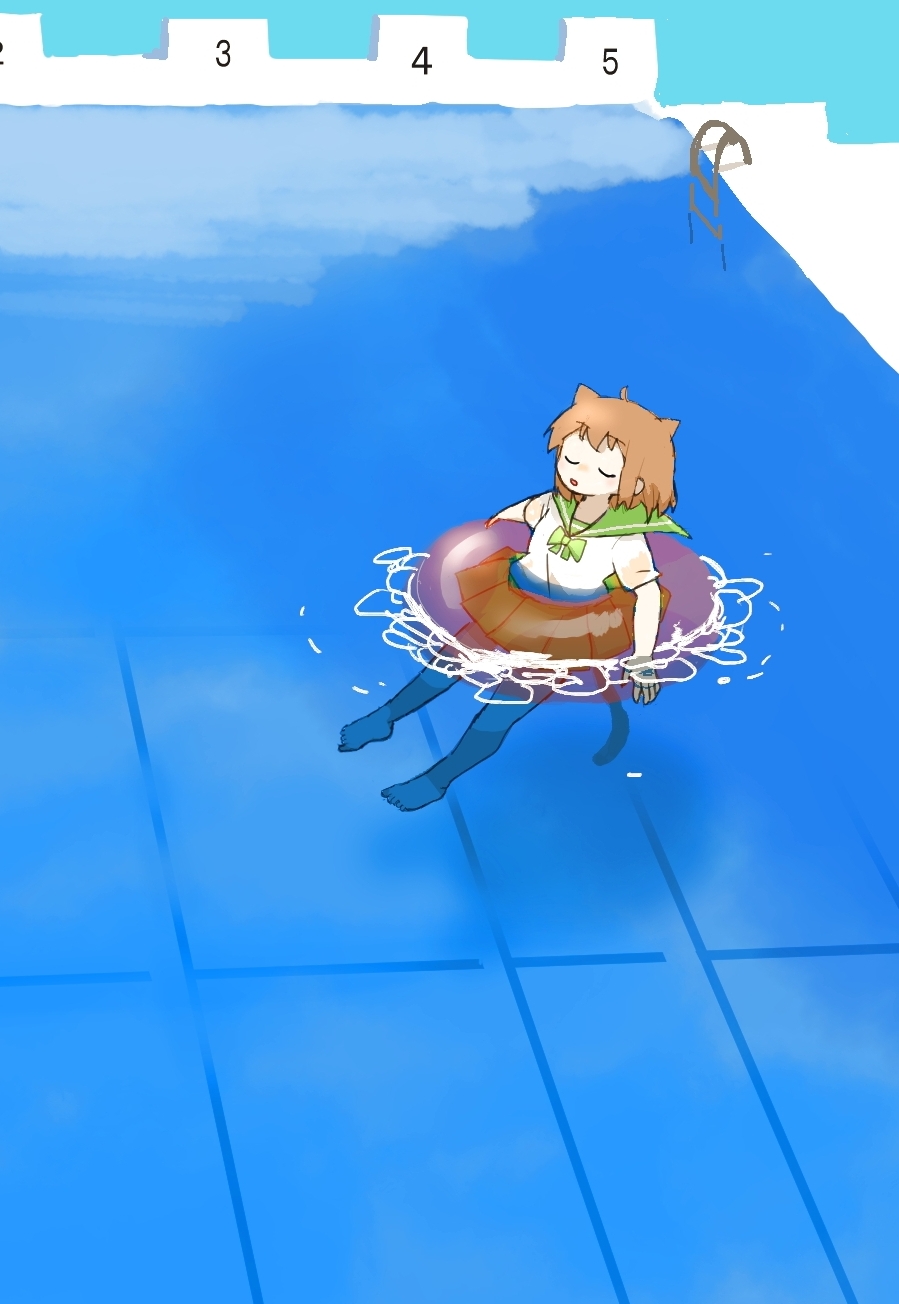 1girl afloat ahoge animal_ears barefoot bow bowtie brown_hair buttergirl_02 cat_ears cat_girl cat_tail closed_eyes commentary_request green_bow green_bowtie green_sailor_collar highres innertube medium_hair open_mouth original outdoors partially_submerged pool pool_ladder sailor_collar school_uniform serafuku shirt short_sleeves solo starting_block tail transparent_innertube white_shirt wide_shot