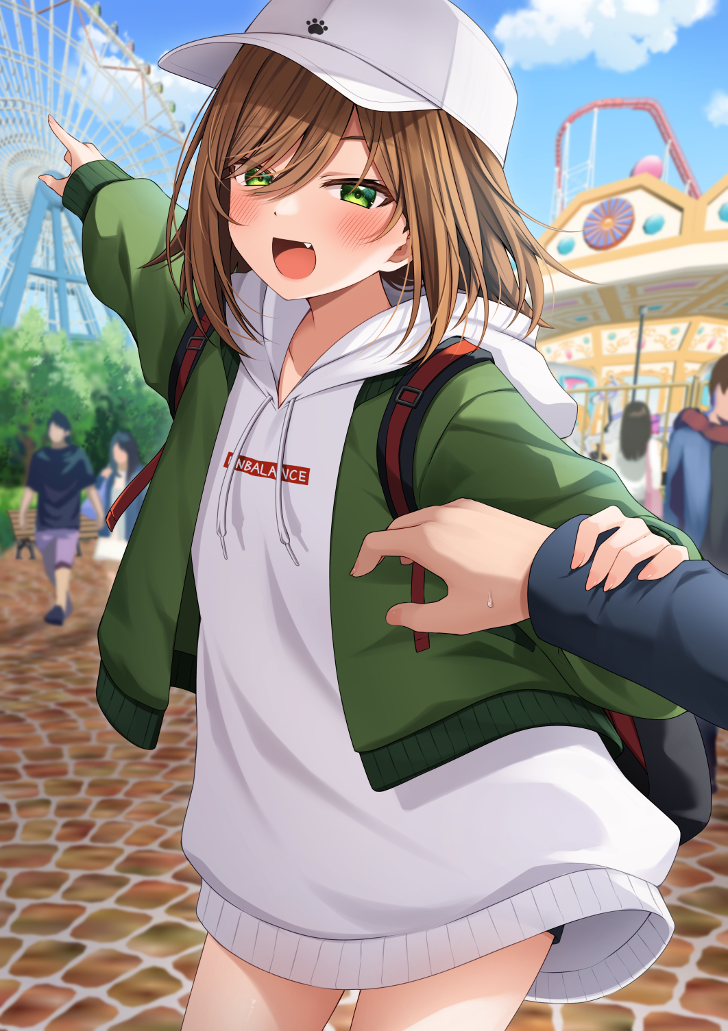 2girls 3boys :d arm_grab baseball_cap blue_sky blush brown_hair clouds commentary_request day drawstring fang ferris_wheel green_eyes green_jacket hair_over_one_eye haru_(kuzuyu) hat highres hood hood_down hoodie jacket komori_kuzuyu long_hoodie long_sleeves looking_at_viewer multiple_boys multiple_girls open_clothes open_jacket original outdoors outstretched_arm puffy_long_sleeves puffy_sleeves sky sleeves_past_wrists smile solo_focus white_headwear white_hoodie