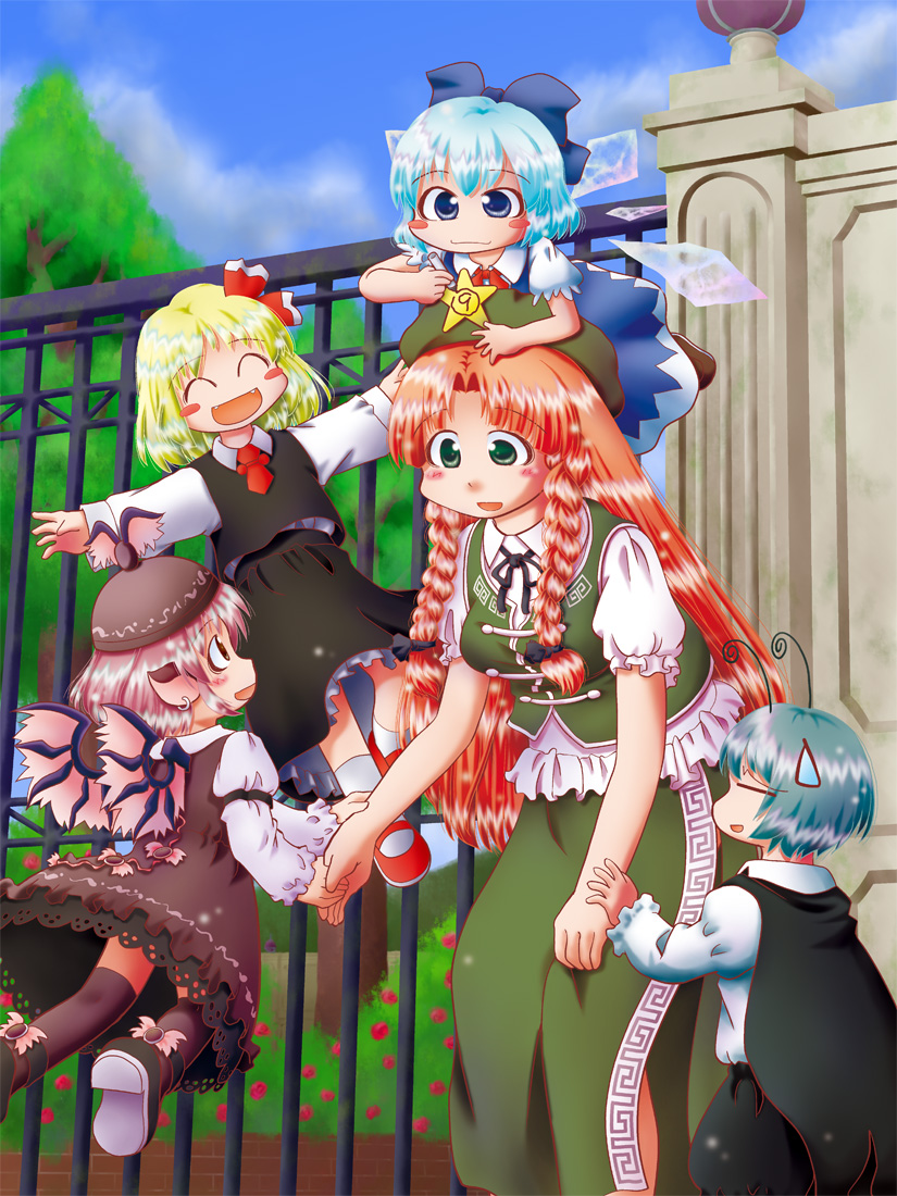 animal_ears antennae blonde_hair blue_eyes blue_hair bow braid cape china_dress chinese_clothes cirno earrings green_eyes green_hair hair_bow hair_ribbon hat hong_meiling jewelry long_hair matty_(zuwzi) mystia_lorelei outstretched_arms pink_hair red_hair redhead ribbon rumia short_hair spread_arms team_9 touhou twin_braids wings wriggle_nightbug