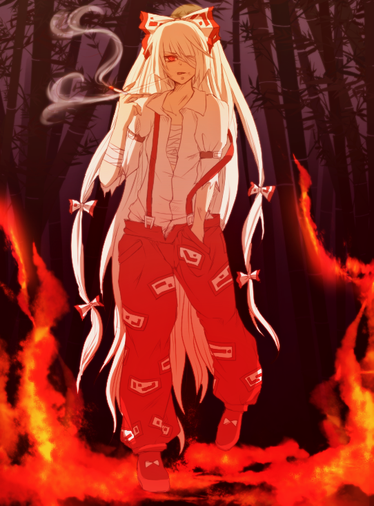 bamboo bamboo_forest bandage_over_one_eye bandages cigarette dress_shirt fire forest fujiwara_no_mokou hand_in_pocket kink nature sarashi shirt smoke smoking solo torn_clothes touhou unbuttoned yuha_(yh-krm)