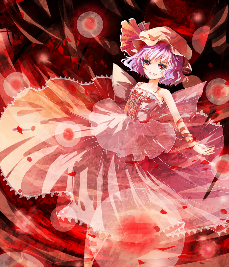 adapted_costume arm_ribbon bare_shoulders danmaku dress fang fangs frills hat lace leg_ribbon no_nose open_mouth purple_hair red red_eyes remilia_scarlet smile solo touhou vetina wings