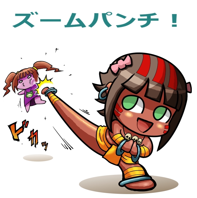 attack bracelet brown_hair chibi cosplay dark_skin dhalsim dhalsim_(cosplay) earrings face_paint facepaint facial_mark facial_markings fusion green_eyes idolmaster jewelry kicking loincloth native nonowa o3o purple_skin ribbon short_hair simple_background skull street_fighter text twintails white_background yayoi_creature ziaaazi