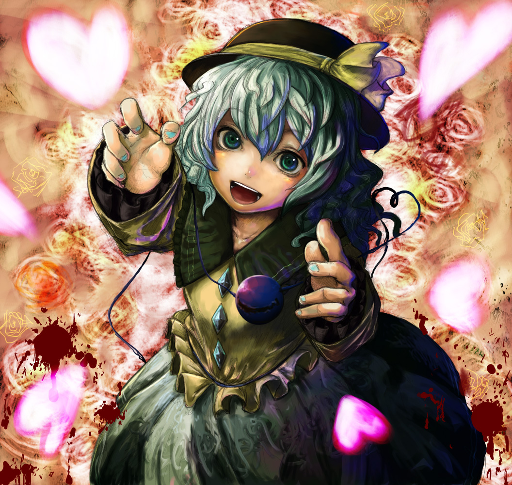 :d blood blue_eyes bow danmaku dress face from_above green_eyes green_hair hands hat heart heart_of_string highres komeiji_koishi light looking_up multicolored_eyes nail_polish open_mouth outstretched_hand reaching shaun_(fallenicons) short_hair smile solo third_eye touhou
