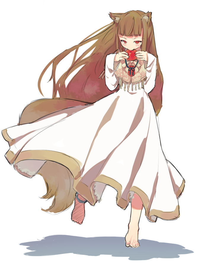 anklet apple barefoot biting blush brown_hair dress feet food fruit hands holo jewelry long_hair pouch red_eyes s.o_chin solo sotin spice_and_wolf tail wolf_ears wolf_tail