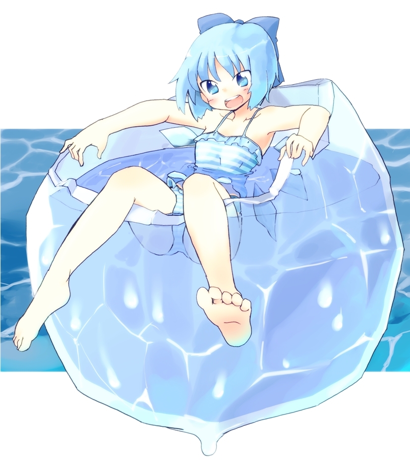 :d barefoot blue_eyes blue_hair bow cirno feet frozen happy ice naka_akira open_mouth short_hair sitting smile solo swimming swimsuit touhou water wings
