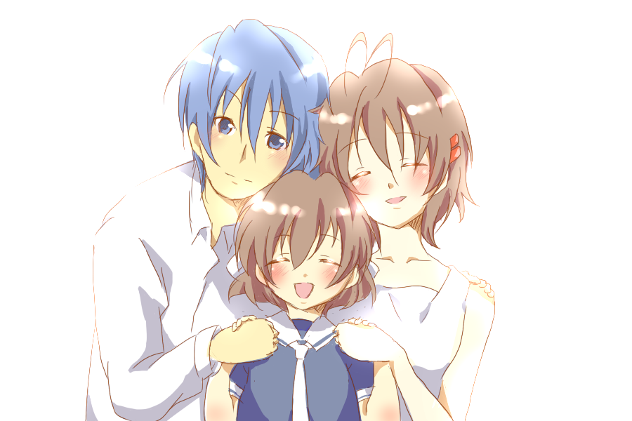 blue_hair brown_hair clannad closed_eyes family furukawa_nagisa hinaki holding_hands husband_and_wife okazaki_tomoya okazaki_ushio sailor_dress school_uniform short_hair