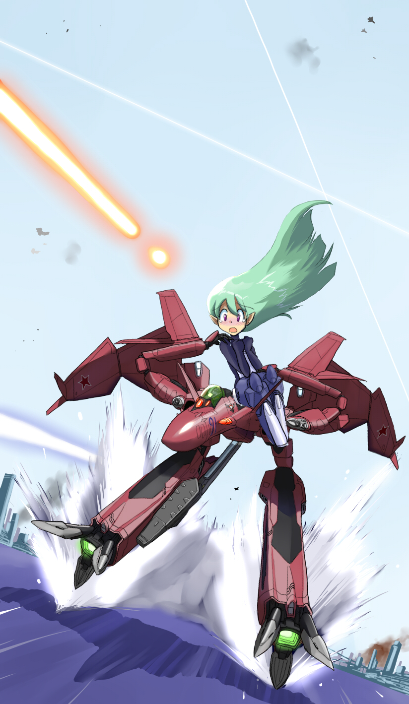 armor battle blush carrying choujikuu_yousai_macross city fire flying gerwalk giantess green_hair gunpod harbor highres inui's_meltran inui_(pixiv) long_hair macross macross:_do_you_remember_love? macross_zero mecha meltrandi pointy_ears scared soviet sv-51 tears u.n._spacy water weapon zentradi