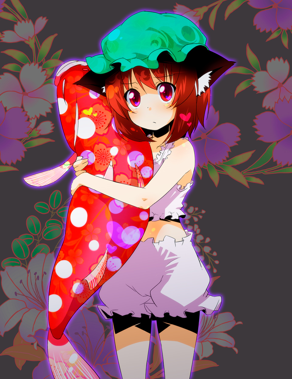 bloomers brown_eyes brown_hair camisole cat_ears chen earrings fish flower hat heart highres hug jewelry koi lily_(flower) lingerie midriff pillow pillow_hug red_eyes short_hair solo sw tail touhou underwear underwear_only