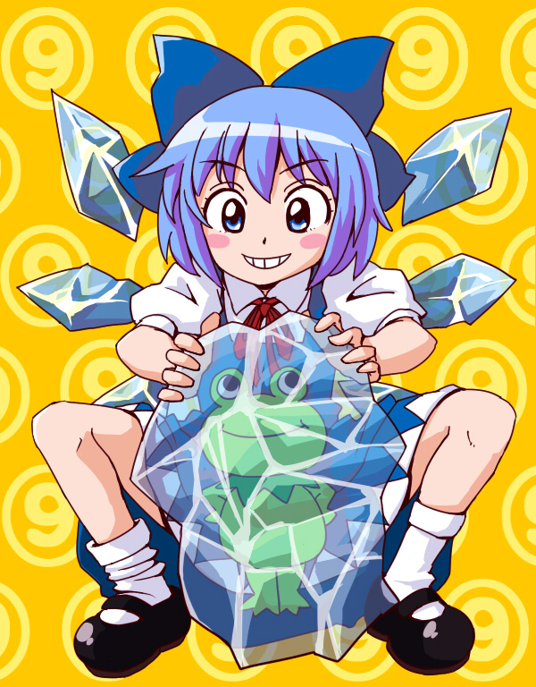 blue_eyes blue_hair bow cirno frog frozen hair_bow short_hair solo touhou umiwata wings ⑨