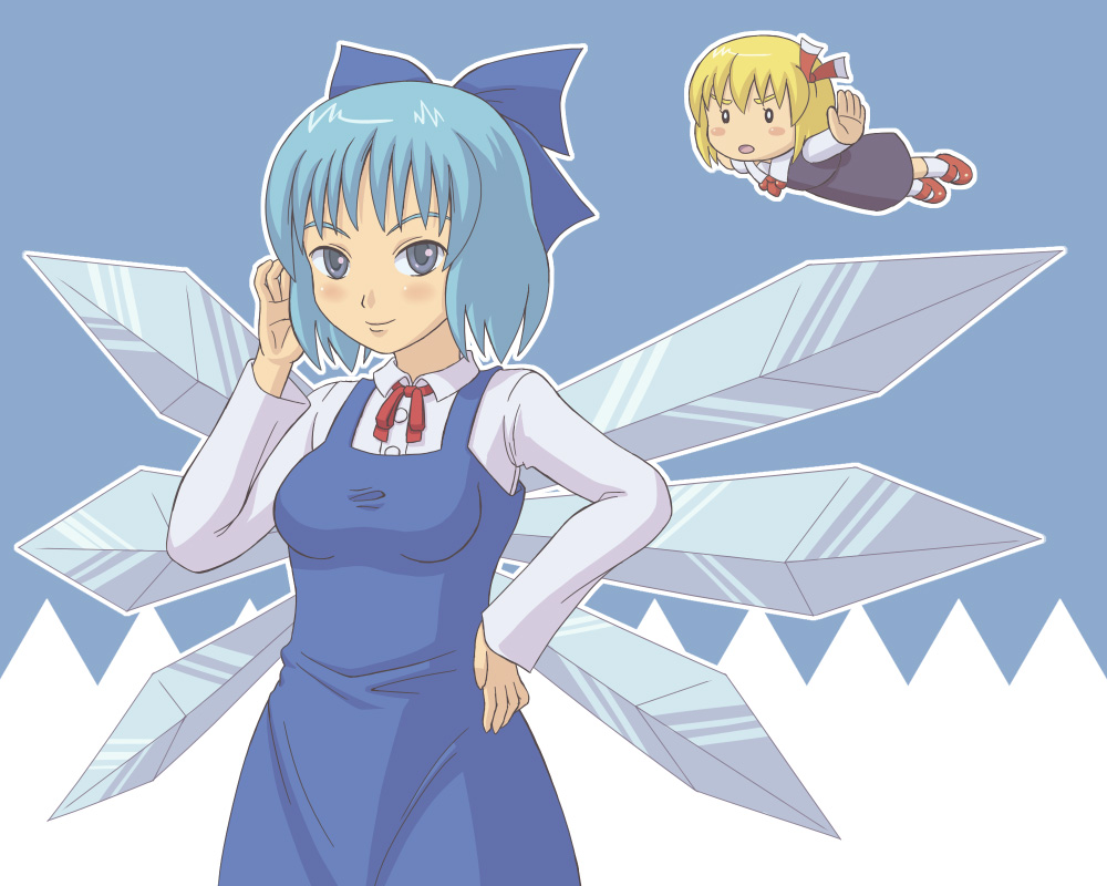 blue_eyes blue_hair bow cirno hair_bow hair_ribbon kt outstretched_arms ribbon rumia short_hair spread_arms touhou wings