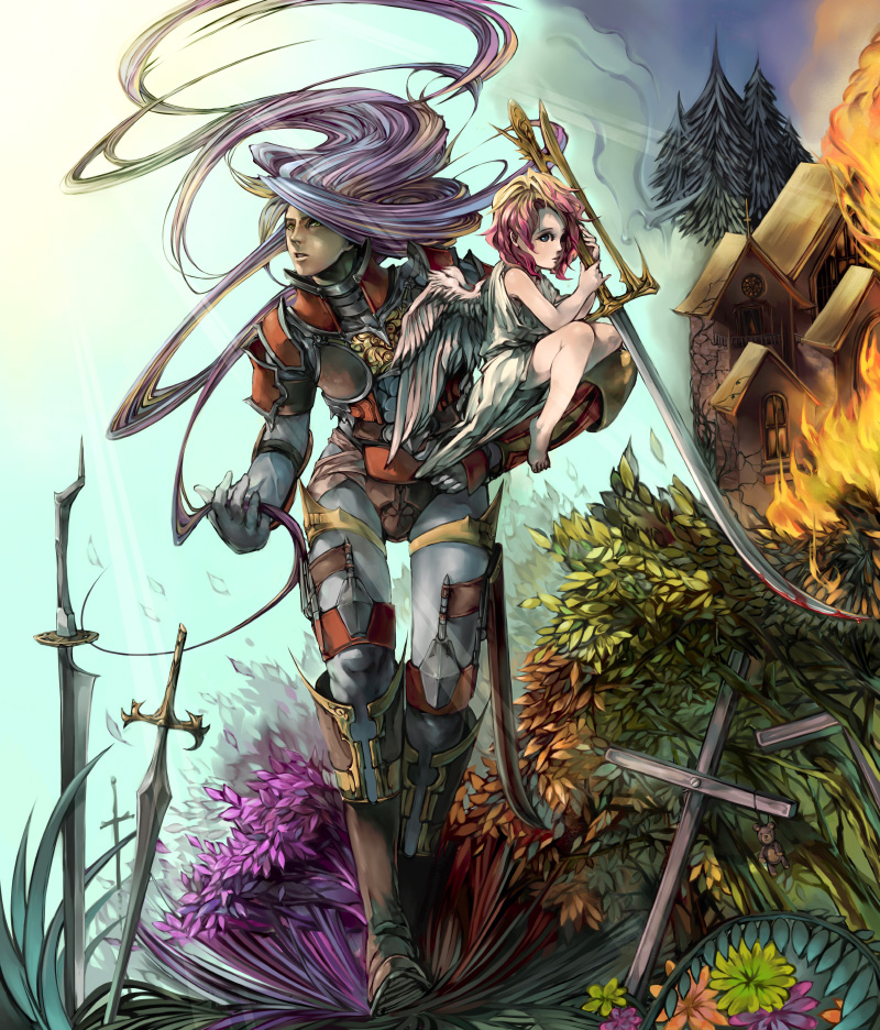 bear blonde_hair blood boots building cherub child cross dress field_of_blades fire green_eyes long_hair multicolored_hair naochika_(spoon) original pink_hair purple_hair sword tree very_long_hair weapon wings