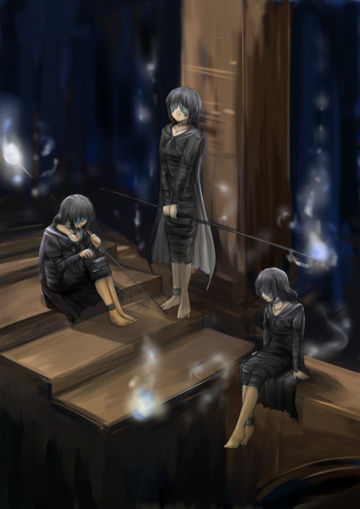 anklet artist_request bad_id bandages barefoot black_hair cape choker clone demon's_souls demon's_souls feet hitonoma jewelry long_hair maiden_in_black multiple_girls stairs