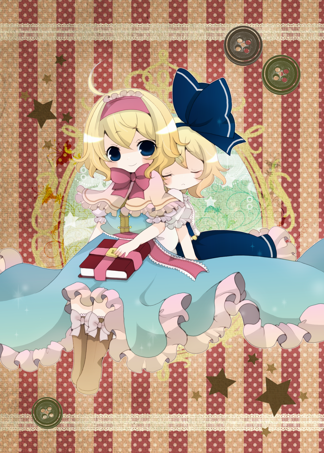 alice_margatroid alice_margatroid_(pc-98) blonde_hair book bow buttons hair_bow hairband harusan highres multiple_girls sleeping time_paradox touhou touhou_(pc-98)