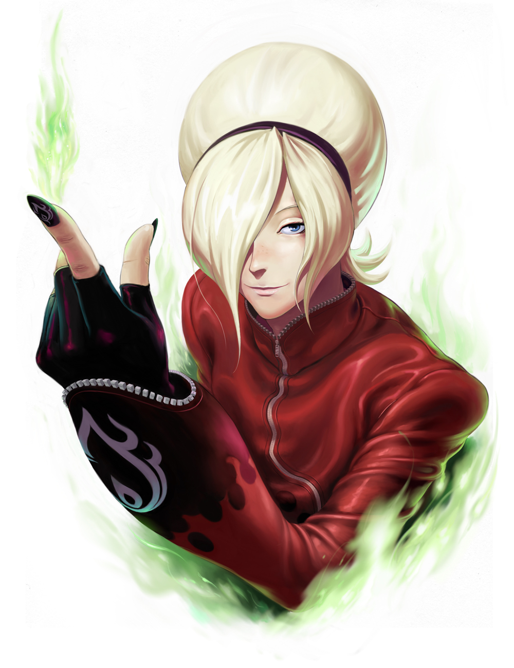 androgynous ash_crimson blonde_hair blue_eyes bust fingernails fire freckles gloves green_fire hair_over_one_eye hairband highres king_of_fighters long_fingernails male nail_polish sakkan snk solo trap zipper