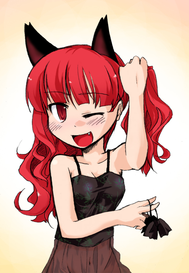 animal_ears bare_shoulders bow breasts cat_ears cleavage fang hair_bow idkabi kaenbyou_rin long_hair open_mouth red_eyes red_hair redhead see-through smile solo suzuneno_kanade touhou wink