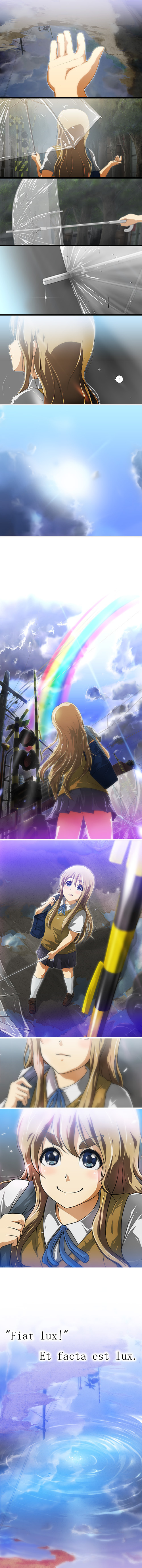 absurdres blonde_hair blue_eyes eyebrows hands highres k-on! kotobuki_tsumugi latin long_image puddle railroad_crossing rain rainbow reflection sequential smile tall_image umbrella wet