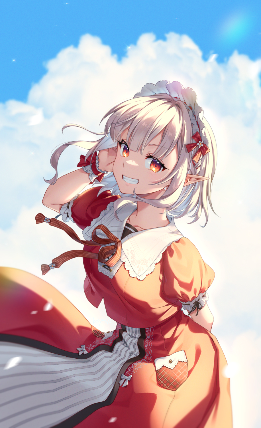 1girl arm_behind_back blue_sky clouds cloudy_sky commentary_request day elf elu_(nijisanji) grey_hair grin hand_up highres kayase looking_at_viewer nijisanji outdoors pointy_ears puffy_short_sleeves puffy_sleeves red_eyes red_shirt red_skirt shirt short_sleeves skirt sky smile solo virtual_youtuber