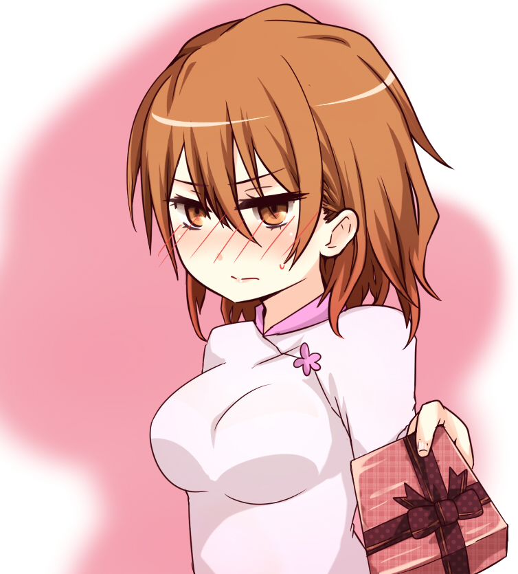 1girl blush bow box breasts brown_eyes brown_hair closed_mouth commentary_request dress gift gift_box hair_between_eyes holding holding_gift i.u.y incoming_gift looking_at_viewer medium_breasts medium_hair misaka_worst nose_blush pink_background ribbon solo sweatdrop toaru_majutsu_no_index toaru_majutsu_no_index:_new_testament upper_body valentine vietnamese_dress white_dress