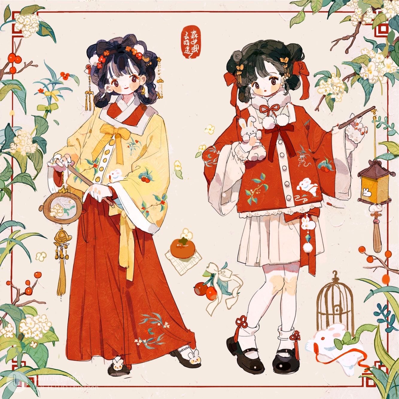 2girls animal_print birdcage black_footwear black_hair blush_stickers bow bow-shaped_hair bow_skirt bowtie brown_eyes buttons cage cherry_print chinese_clothes chinese_hairpin chinese_text closed_mouth commentary double_bun dress english_commentary eyelashes eyeshadow fashion flower flower_knot food food_print fruit full_body fur_scarf hair_bow hair_bun hair_flower hair_ornament hair_rings highres holding holding_lantern holding_stuffed_toy jacket lace-trimmed_jacket lace-trimmed_sleeves lace_trim lantern layered_sleeves leaf_print light_frown long_skirt looking_at_viewer makeup mary_janes miniskirt multiple_girls neck_ribbon object_request original persimmon pink_flower pleated_skirt pom_pom_(clothes) pom_pom_hair_ornament putong_xiao_gou rabbit_print red_bow red_bowtie red_dress red_eyes red_eyeshadow red_flower red_jacket red_lips red_skirt red_sleeves ribbon scarf shirt shoes short_hair skirt sleeves_past_wrists smile socks stuffed_animal stuffed_rabbit stuffed_toy tassel white_background white_bow white_flower white_rabbit_(animal) white_scarf white_shirt white_sleeves white_socks wide_sleeves yellow_jacket
