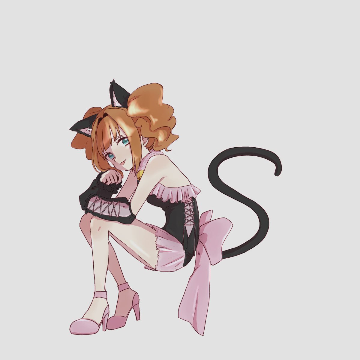 1girl :p animal_ears arm_warmers back_bow bell black_dress blue_eyes bow cat_ears cat_tail dress full_body geboku_(gbktst) grey_background high_heels highres idolmaster idolmaster_(classic) large_bow looking_at_viewer medium_hair neck_bell orange_hair pink_bow pink_dress pink_footwear short_dress simple_background sitting smile solo tail takatsuki_yayoi tongue tongue_out twintails two-tone_dress