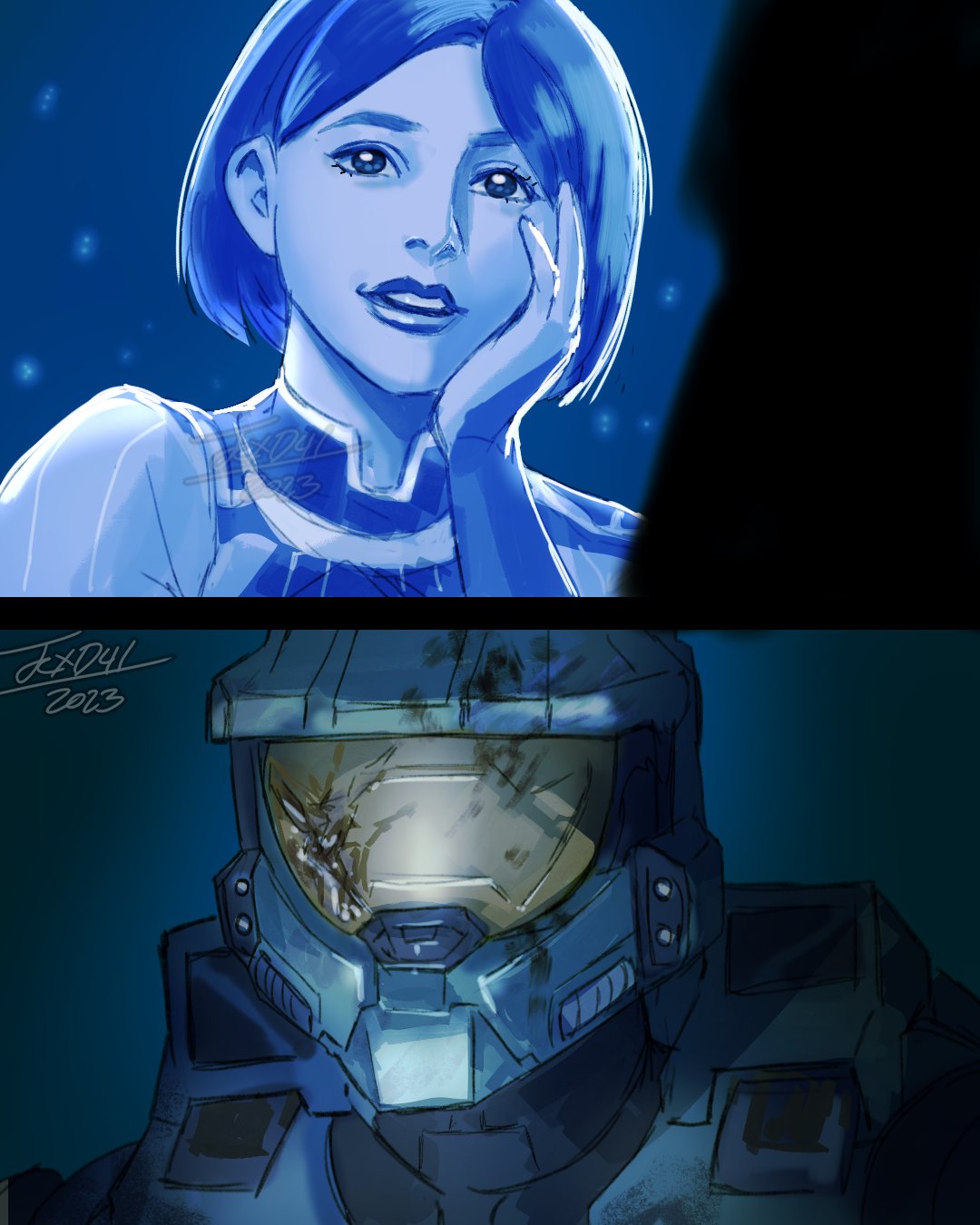 1boy 1girl armor blade_runner_2049 cortana english_commentary halo_(series) hand_on_own_cheek hand_on_own_face highres hologram master_chief outdoors power_armor scene_reference short_hair spartan_(halo) texd41