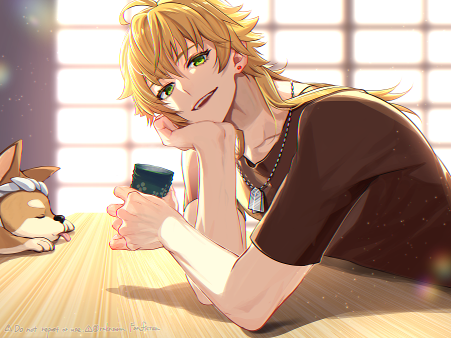 1boy 1other blonde_hair brown_shirt cup desk dog earrings genshin_impact green_eyes hair_between_eyes hiki_yuichi holding holding_cup jewelry long_hair male_focus necklace open_mouth shiba_inu shirt taroumaru_(genshin_impact) thoma_(genshin_impact)
