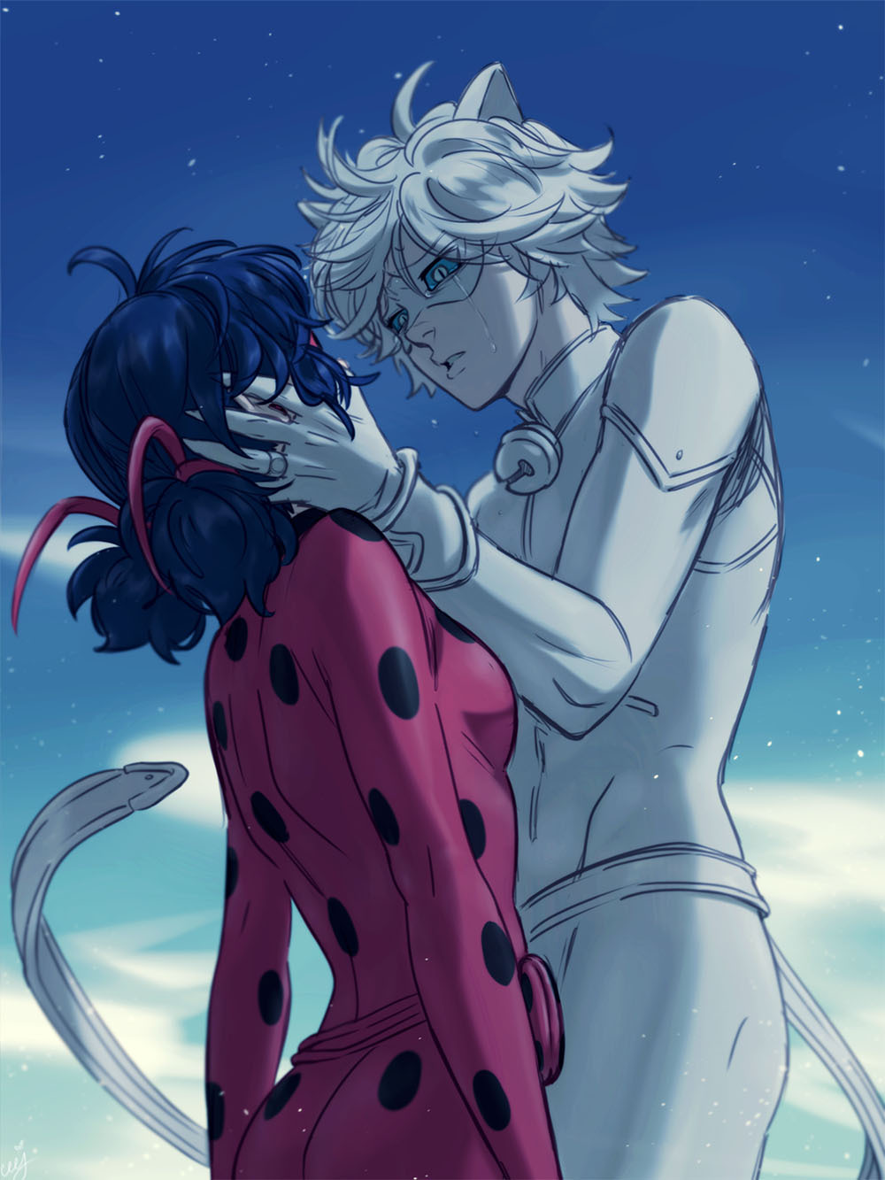 1boy 1girl adrien_agreste animal_ears bell black_hair blue_sclera bodysuit breasts cat_ears ceejles chat_blanc colored_sclera commentary crying crying_with_eyes_open domino_mask fake_animal_ears hands_on_another's_head height_difference highres jingle_bell ladybug_(character) marinette_dupain-cheng mask miraculous_ladybug neck_bell polka_dot red_bodysuit small_breasts streaming_tears symbol-only_commentary tears white_bodysuit white_eyes white_hair