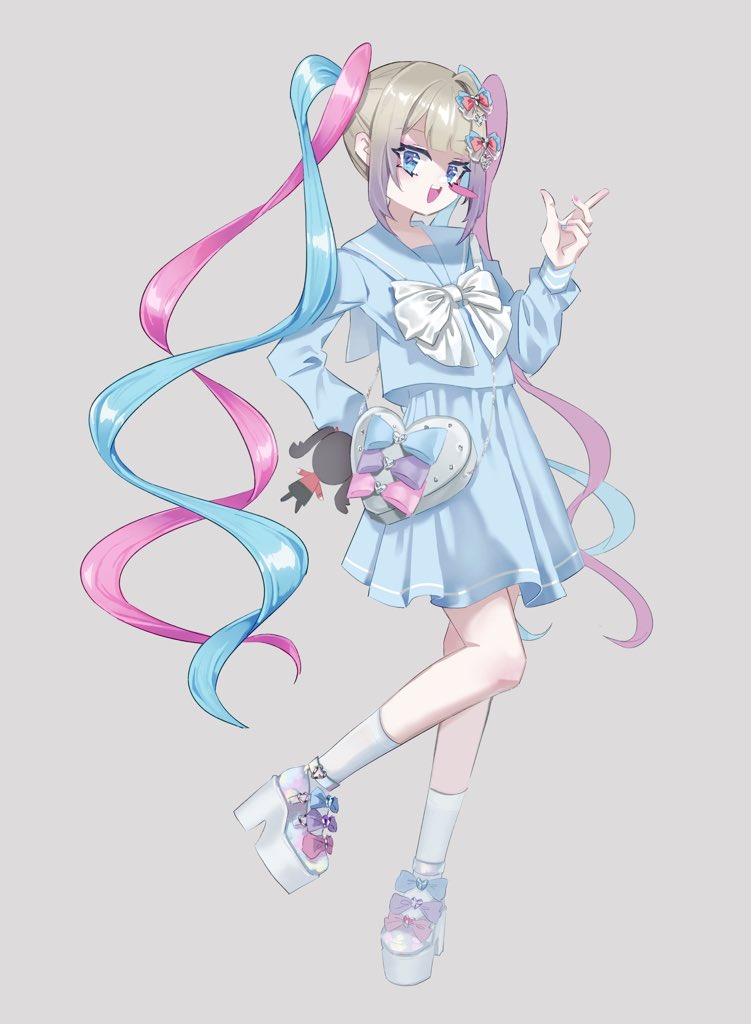 1girl bag blonde_hair blue_bow blue_hair blue_sailor_collar bow bowtie character_doll chouzetsusaikawa_tenshi-chan dearmylove_(brand) double_helix footwear_bow full_body grey_background hair_bow hair_ornament hand_on_own_hip heart heart-shaped_bag index_finger_raised knee_blush long_hair long_sleeves looking_at_viewer multicolored_hair multicolored_nails multiple_hair_bows needy_girl_overdose official_alternate_costume open_mouth pink_bow pink_hair platform_footwear pleated_skirt purple_bow quad_tails sailor_collar school_uniform serafuku shirt shoulder_bag single_blush_sticker skirt socks sumi_(sumi3mimi) teeth twintails upper_teeth_only very_long_hair white_bag white_bow white_footwear white_socks