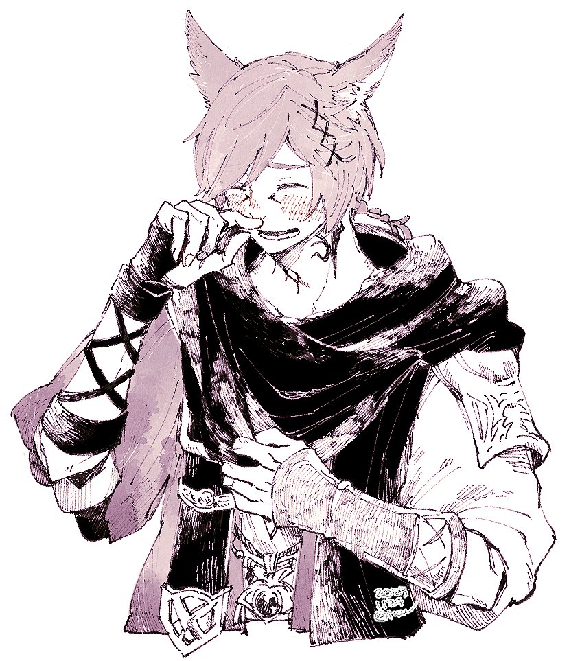 1boy ^_^ animal_ears black_gloves black_scarf blush braid braided_ponytail cat_ears closed_eyes commentary cropped_torso dated elbow_gloves facial_mark facing_viewer final_fantasy final_fantasy_xiv fingerless_gloves g'raha_tia gloves hair_ornament hand_on_own_chest hand_on_own_face hatching_(texture) itowff14 jacket jewelry laughing low_ponytail male_focus miqo'te monochrome neck_tattoo open_mouth pendant redhead scarf short_hair short_ponytail signature simple_background single_braid smile solo swept_bangs tattoo upper_body white_background x_hair_ornament