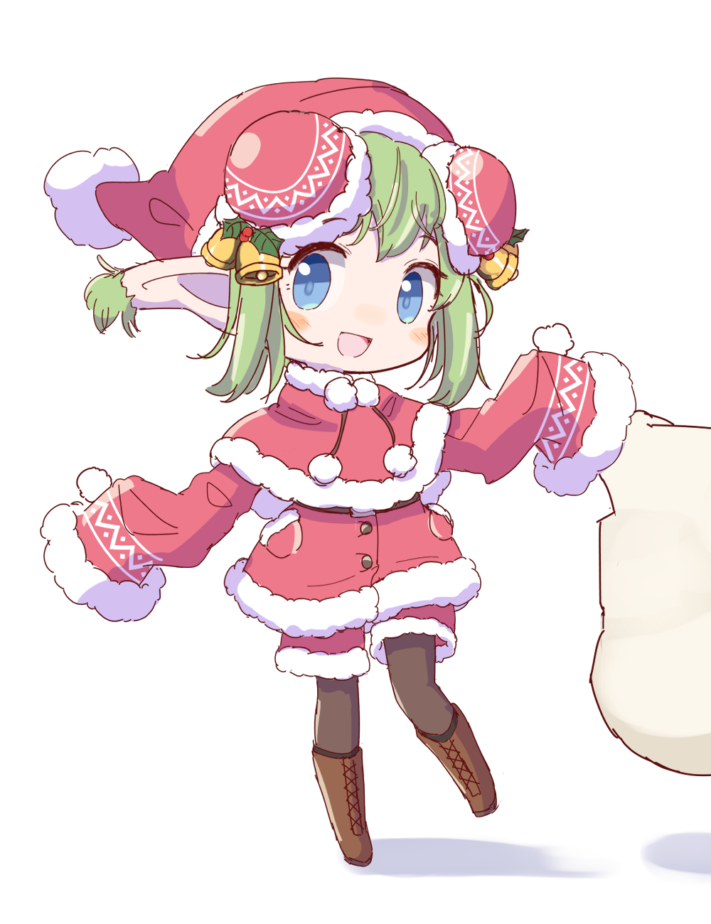 1girl bell belt black_belt blue_eyes brown_footwear brown_pantyhose bun_cover cape capelet chibi coat double_bun fur-trimmed_capelet fur-trimmed_shorts fur_trim green_hair hair_bell hair_bun hair_ornament hat highres holding holding_sack jazz_grace lidelle_(puyopuyo) mistletoe pantyhose pointy_ears puyopuyo puyopuyo_fever red_cape red_coat red_headwear red_shorts sack santa_costume santa_hat shorts sleeves_past_fingers sleeves_past_wrists solo white_background white_bag