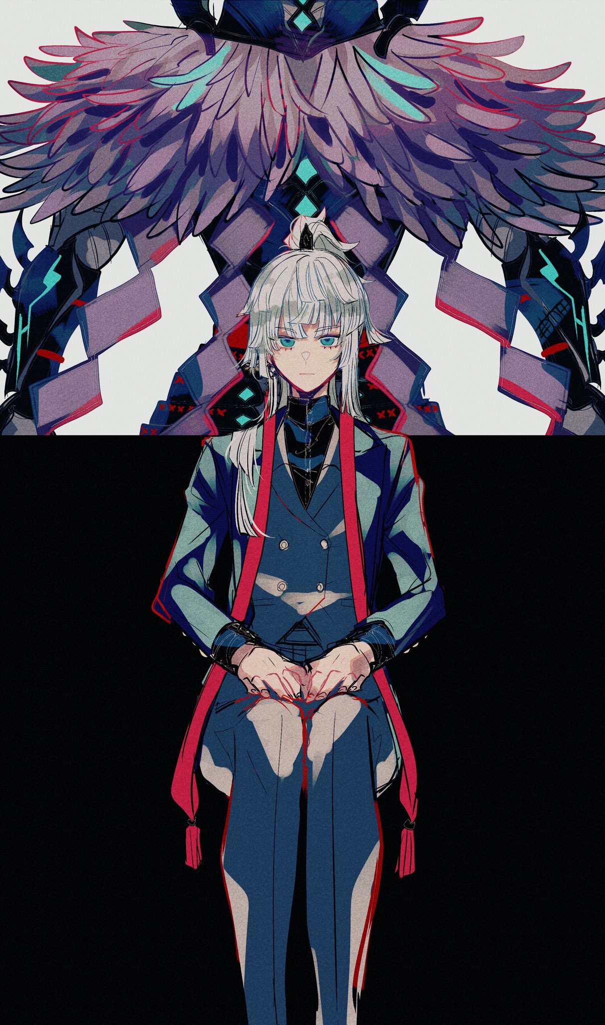 1girl 1other alternate_costume androgynous back-to-back closed_mouth commentary_request contemporary expressionless fate/samurai_remnant fate_(series) formal green_eyes grey_hair highres invisible_chair long_hair long_sleeves looking_at_viewer pants ponytail rider_(fate/samurai_remnant) sitting suit u_5ham0 yui_shousetsu_(fate)