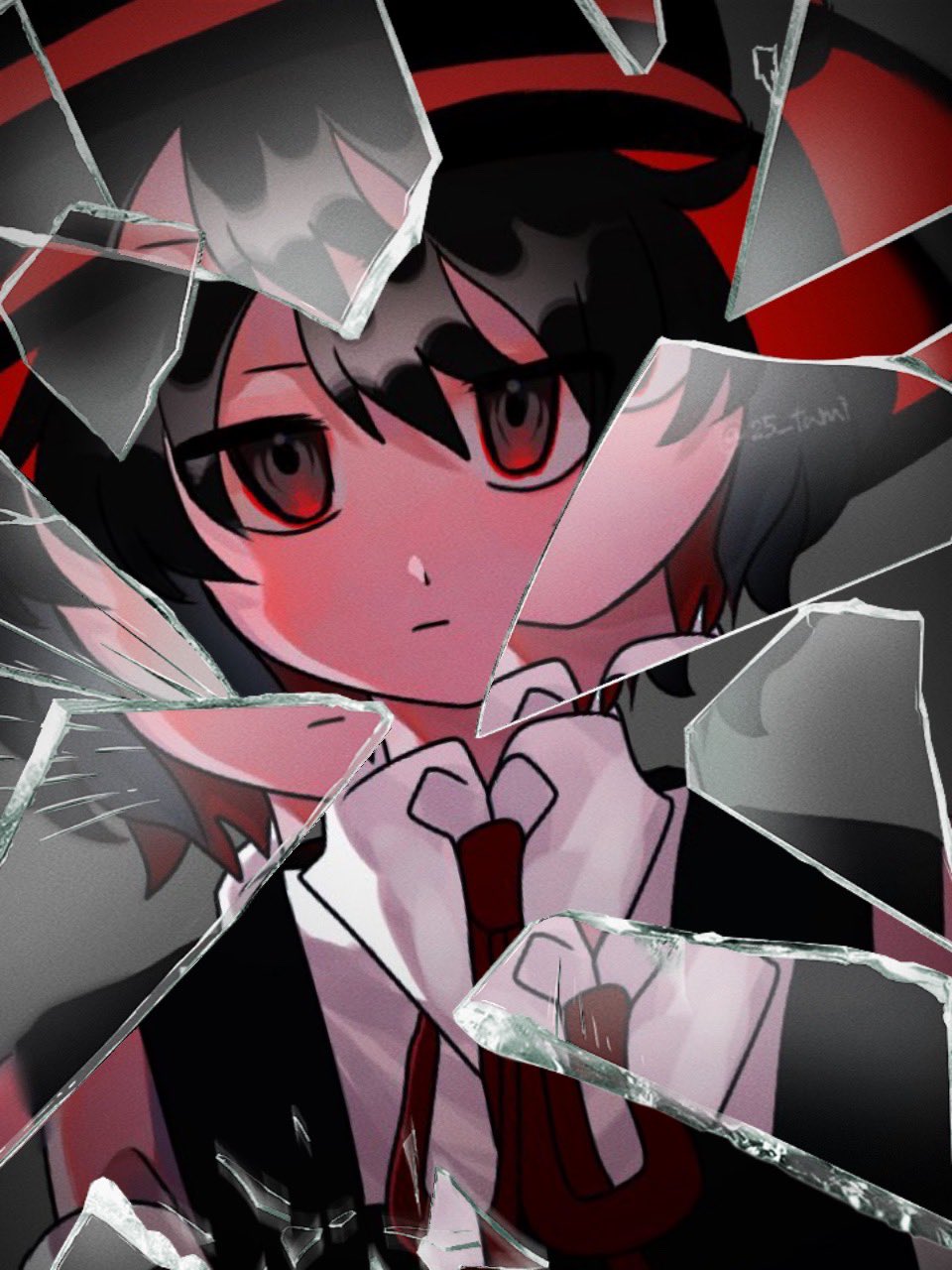 1other 25_tumi androgynous app_filter bare_shoulders black_coat black_eyes black_hair black_headwear bow bowtie broken_glass closed_mouth coat collared_shirt commentary_request detached_sleeves enraku_tsubakura expressionless glass glass_shards glowing glowing_eyes grey_background hat high_collar highres len'en light_blush looking_at_viewer other_focus red_bow red_bowtie red_headwear shirt short_hair sleeveless sleeveless_coat sleeveless_shirt solo straight-on top_hat twitter_username two-sided_fabric two-sided_headwear upper_body white_shirt white_sleeves