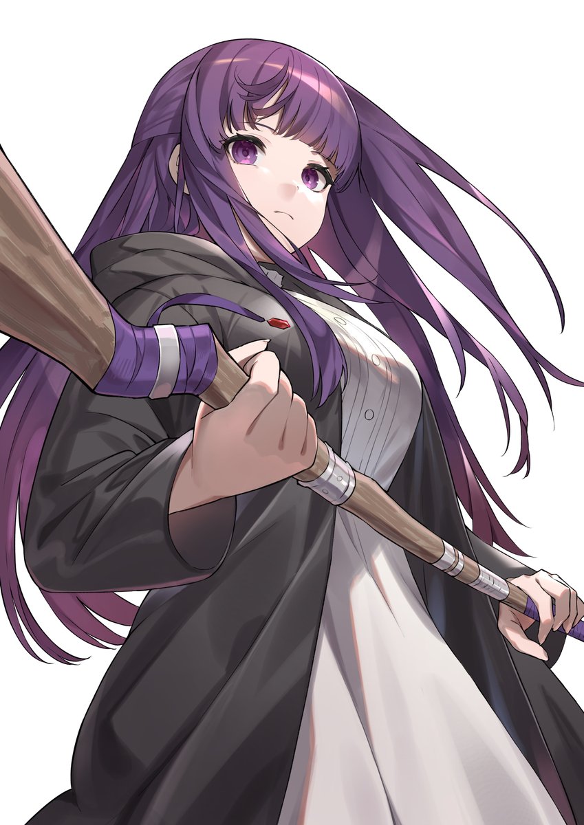1girl black_coat blunt_bangs breasts coat dress fern_(sousou_no_frieren) hair_pulled_back highres holding holding_staff kouhiipan large_breasts long_hair mage_staff purple_hair purple_pupils solo sousou_no_frieren staff straight_hair violet_eyes white_background white_dress