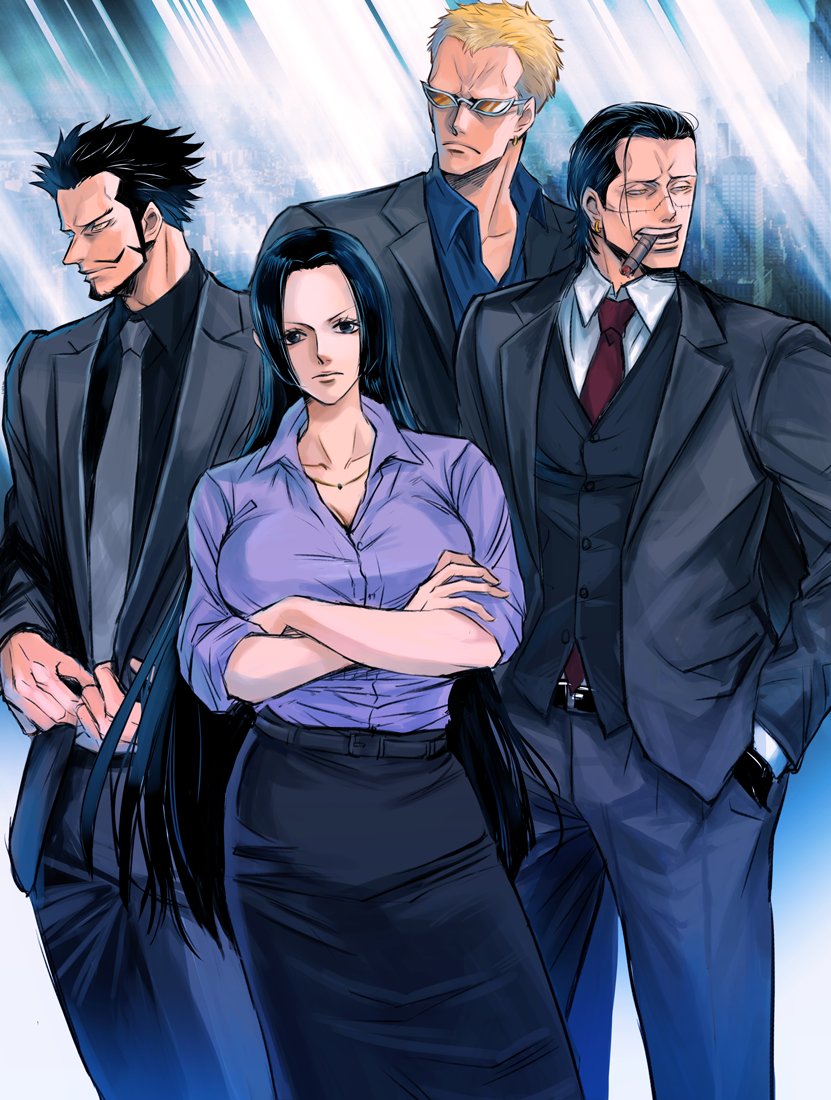 1girl 3boys alternate_costume arisue_kanako black_hair blonde_hair boa_hancock cigar closed_mouth commentary_request crocodile_(one_piece) crossed_arms donquixote_doflamingo dracule_mihawk earrings facial_hair formal goatee hand_in_pocket hoop_earrings jewelry long_hair looking_at_viewer multiple_boys mustache necktie one_piece open_mouth red_necktie scar scar_on_face short_hair sideburns suit sunglasses teeth