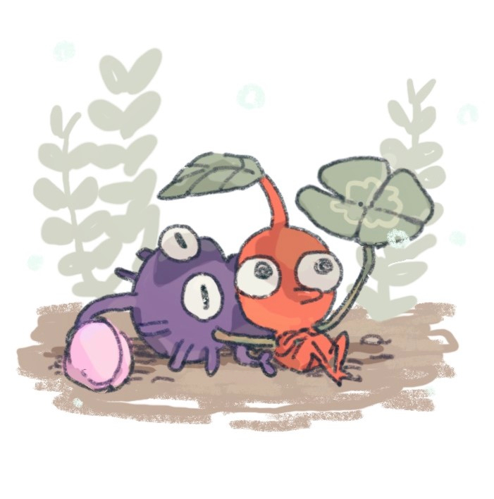 black_eyes bubble bud closed_eyes clover colored_skin commentary_request fern four-leaf_clover holding_clover keylow leaf leaning_on_person lying no_humans no_mouth on_back oversized_plant pikmin_(creature) pikmin_(series) pointy_nose purple_hair purple_pikmin purple_skin red_pikmin red_skin short_hair sitting very_short_hair white_background