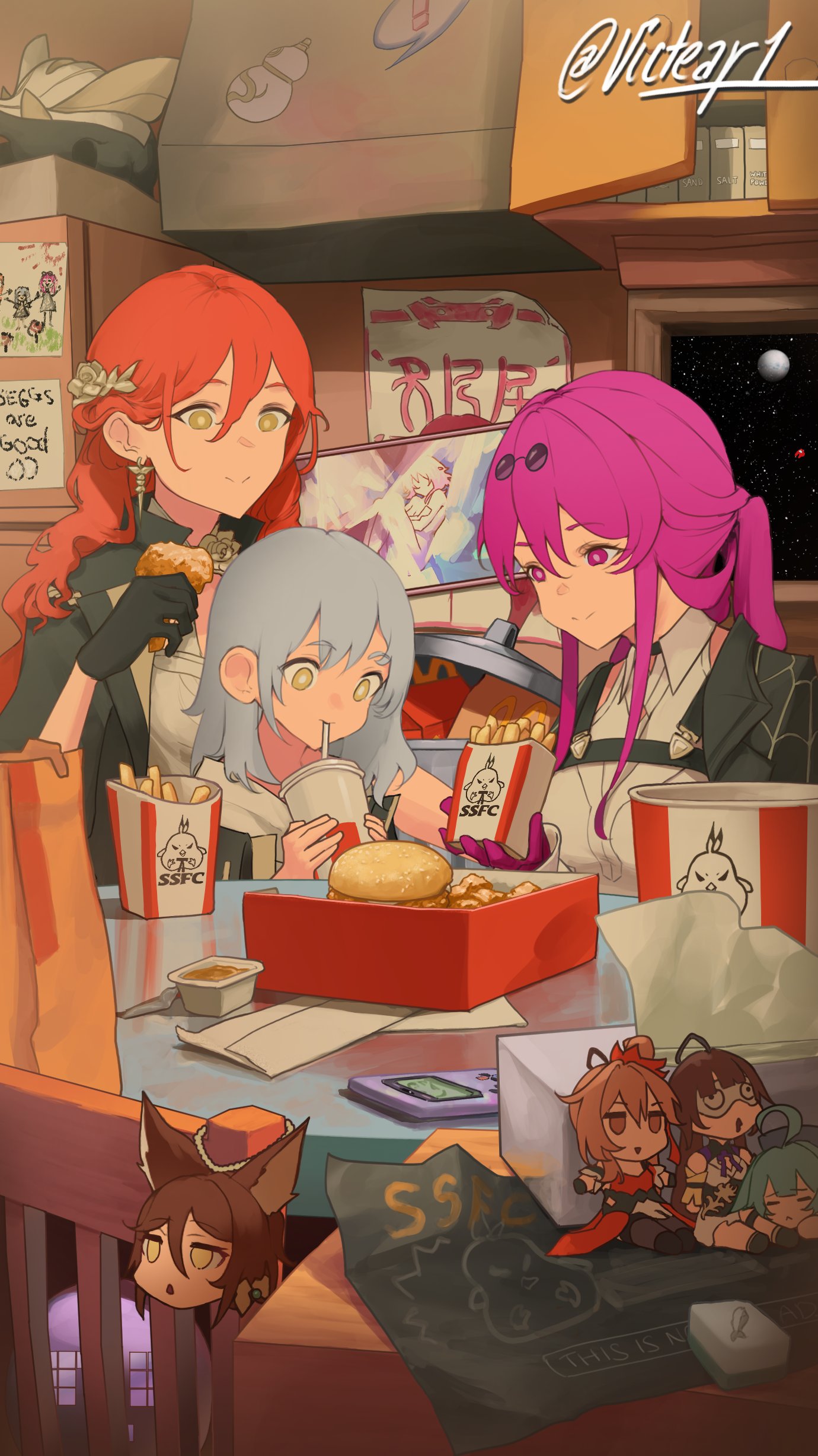 3girls absurdres bag burger chair character_request child closed_mouth cup disposable_cup drinking drinking_straw drinking_straw_in_mouth eyewear_on_head food french_fries fried_chicken game_boy game_boy_color grey_hair guinaifen_(honkai:_star_rail) hair_between_eyes handheld_game_console highres himeko_(honkai:_star_rail) holding holding_cup honkai:_star_rail honkai_(series) huohuo_(honkai:_star_rail) indoors kafka_(honkai:_star_rail) kfc long_hair long_sleeves looking_at_another mcdonald's multiple_girls paper_bag purple_hair redhead refrigerator round_eyewear sauce shirt sitting smile space stelle_(honkai:_star_rail) sunglasses tingyun_(honkai:_star_rail) tissue tissue_box trailblazer_(honkai:_star_rail) victear violet_eyes white_shirt yellow_eyes yoru_mac