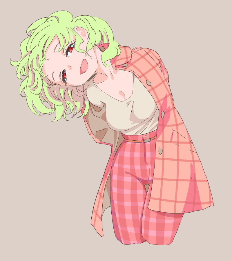 1girl alternate_costume arms_behind_back belt breasts coat green_hair head_tilt kazami_yuuka open_mouth pants plaid plaid_coat plaid_pants plunging_neckline red_coat red_eyes red_pants s-a-murai shirt short_hair smile solo touhou