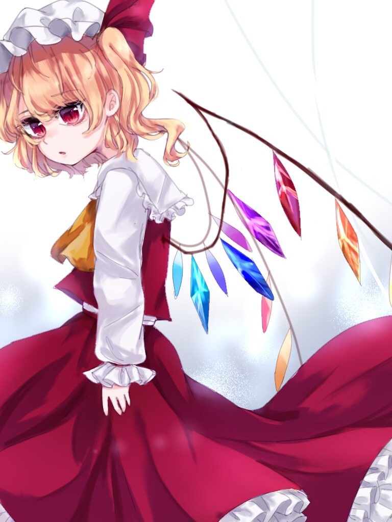 1girl adapted_costume ascot blonde_hair collared_shirt cowboy_shot crystal flandre_scarlet frilled_shirt_collar frilled_skirt frilled_sleeves frills hat kuromame1025 long_sleeves medium_hair mob_cap multicolored_wings one_side_up puffy_long_sleeves puffy_sleeves red_eyes red_skirt red_vest sailor_collar shirt simple_background skirt skirt_set sleeve_ribbon solo touhou vest white_background white_headwear white_sailor_collar white_shirt wings yellow_ascot