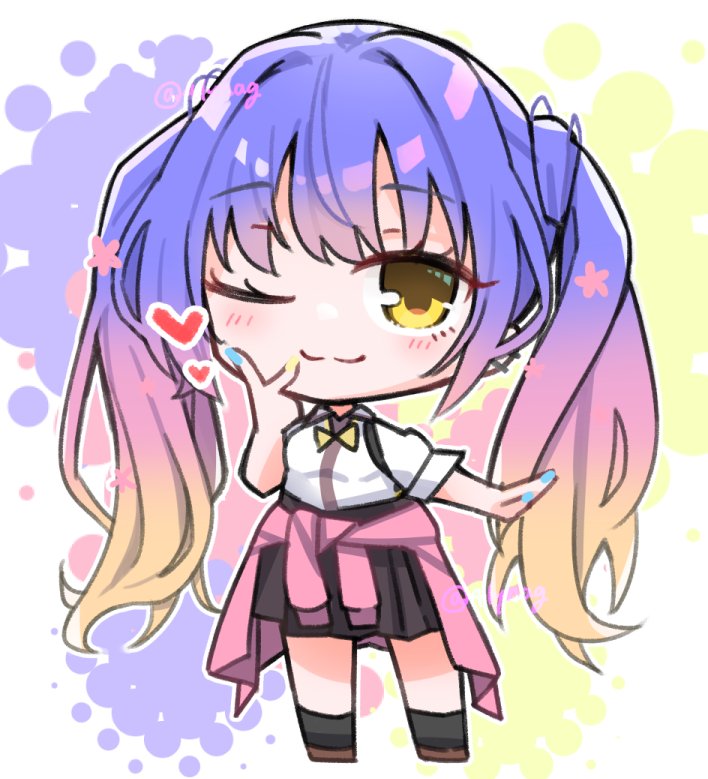 1girl ;3 black_socks blonde_hair blue_hair blue_nails blush bow bowtie chibi closed_mouth clothes_around_waist commentary gradient_hair gyaru hair_between_eyes hand_up heart kogal kohibari_kurumi long_hair looking_at_viewer multicolored_hair nail_polish one_eye_closed outstretched_arm pink_hair pink_sweater school_uniform shirt short_sleeves silver116 simple_background skirt smile socks solo standing suspender_skirt suspenders sweater tenshi_souzou_re-boot! twintails twitter_username v very_long_hair white_shirt yellow_bow yellow_bowtie yellow_eyes yellow_nails