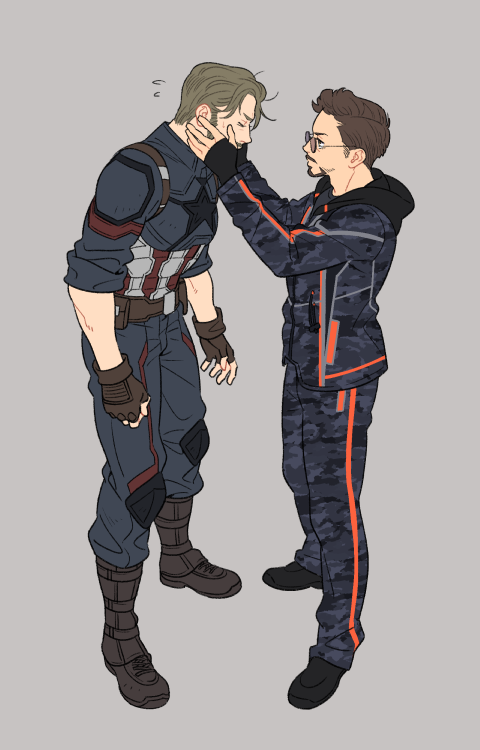2boys avengers:_infinity_war avengers_(series) beard belt black_footwear black_jacket black_pants blue_bodysuit bodysuit boots brown_belt brown_eyes brown_footwear brown_gloves brown_hair captain_america clenched_hand closed_eyes closed_mouth covered_mouth facial_hair fingerless_gloves flying_sweatdrops full_body gloves grey_background hands_on_another's_face hands_up hood hooded_jacket jacket light_brown_hair looking_at_another male_focus marvel marvel_cinematic_universe multiple_boys pants pocket shoes simple_background standing star_(symbol) steve_rogers striped sunglasses sweatdrop tony_stark yukko93