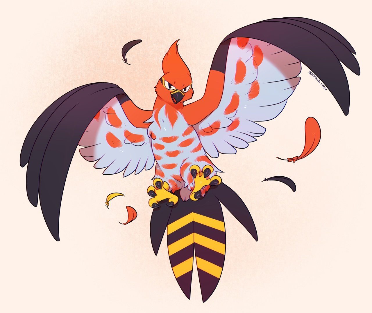 artist_name bird bloominglynx brown_background feathers looking_at_viewer no_humans pokemon pokemon_(creature) simple_background solo talonflame